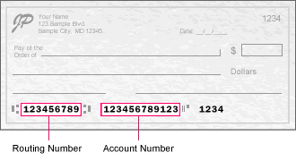 Sample Check for finding your Routing Number and Account Number.